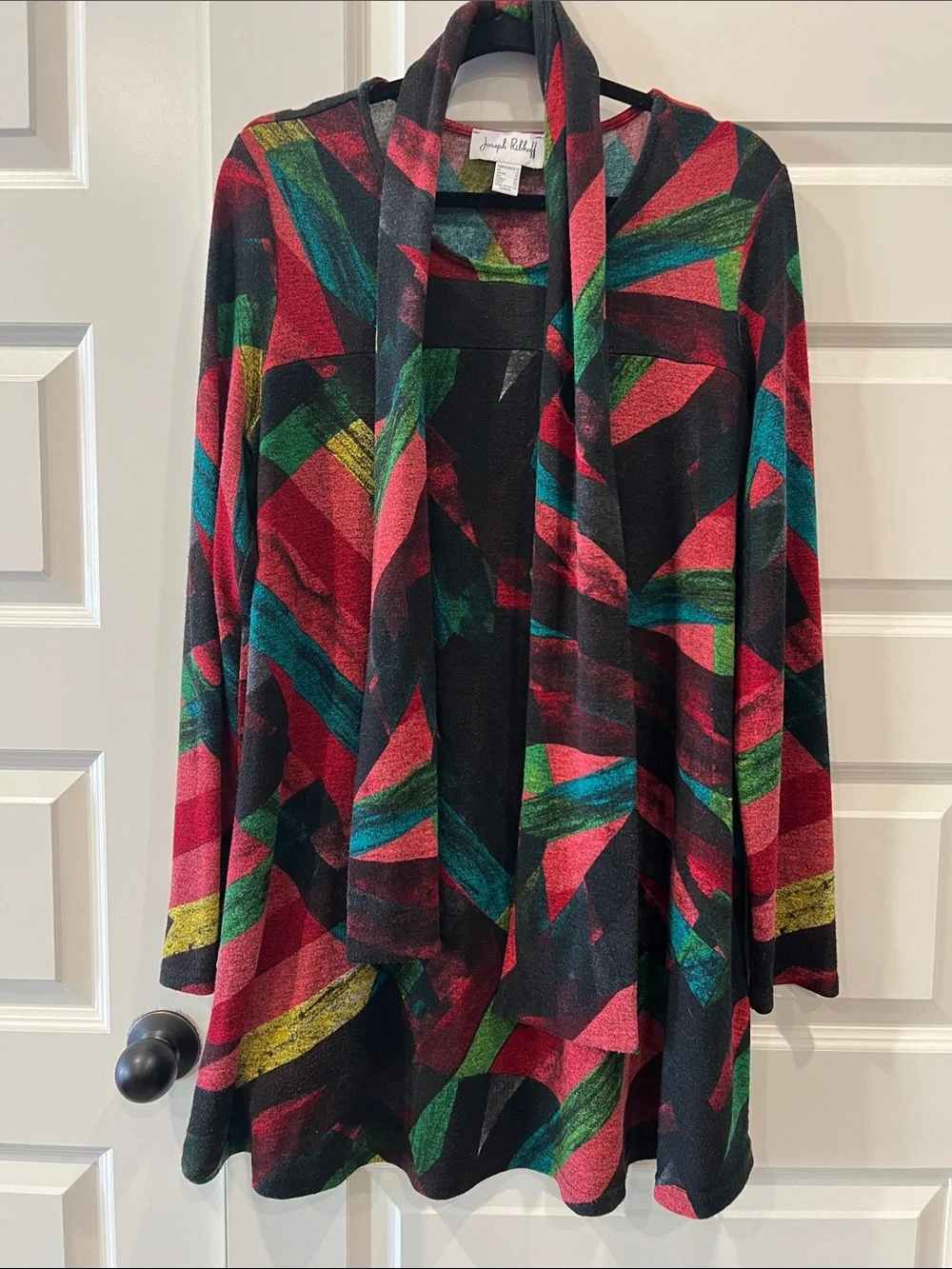 Joseph Ribkoff Long sleeve Mini Dress in Black/Green/Red with belt/scarf US 12 - Picture 1 of 5